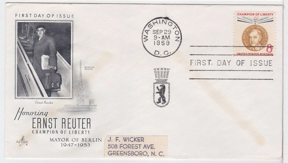 TurtlesTradingPost - Ernst Reuter 1959 #1137 Artcraft Cachet FDC - Image 1 of 1