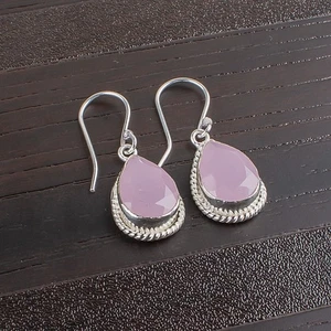 Rose Chalcedony Gemstone 925 Sterling Silver Jewelry Partywear Earrings 1.40" - Picture 1 of 6