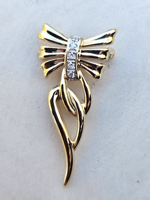 Broche prendedor vintage de oro amarillo de 14k con lazo de cinta de 5 diamantes de 1,5" de largo 5,96 gramos Foto 1 de 4