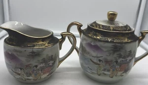 KUTANI Hand Painted Geisha's Moriage Sugar And Creamer Unidentified Mark - Picture 1 of 8