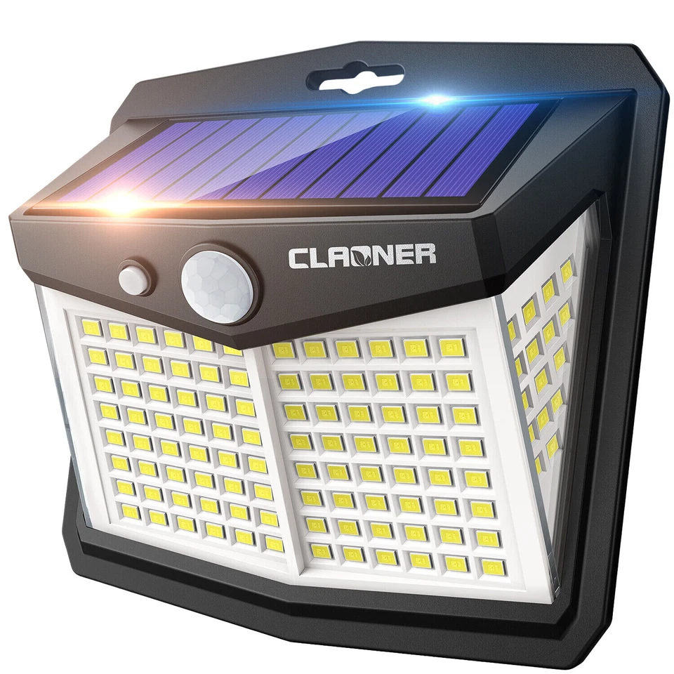 CLAONER Solar Power 128 LED Lights PIR Motion Sensor Outdoor Security Lamp Wall