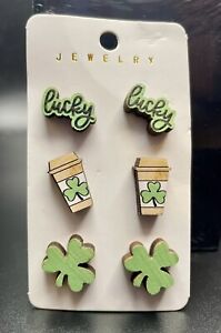 St. Patrick's Day Shamrock Irish March Earrings Made with wood & metal post