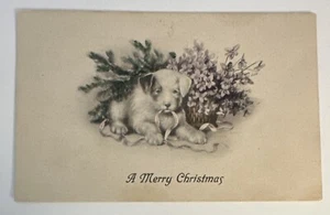 A Merry Christmas Postcard Puppy Playing With Ribbon 1914 - Picture 1 of 2