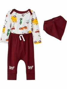 Infant Boys 3-Piece Truck & Car Bodysuit Red Bib & Pants Outfit Set NB - Picture 1 of 3