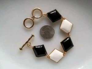 Brazalete de eslabones de panel blanco negro dorado vintage 8,5" Lucite Art Deco MCM joya - Imagen 1 de 9