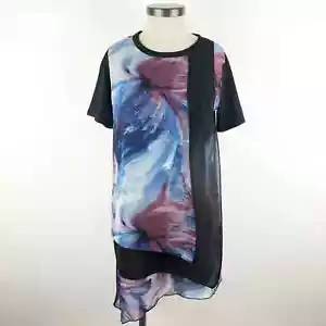 Womens Top Size Large Asymmetrical Hem Black Floral Sheer Layered Short Sleeve - Picture 1 of 9