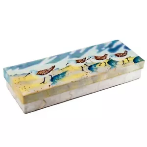 Handbemalte luftgebürstete Küstenvögel Capiz Austernmuschel Schmuck Schmuckschatulle 9"L - Bild 1 von 2
