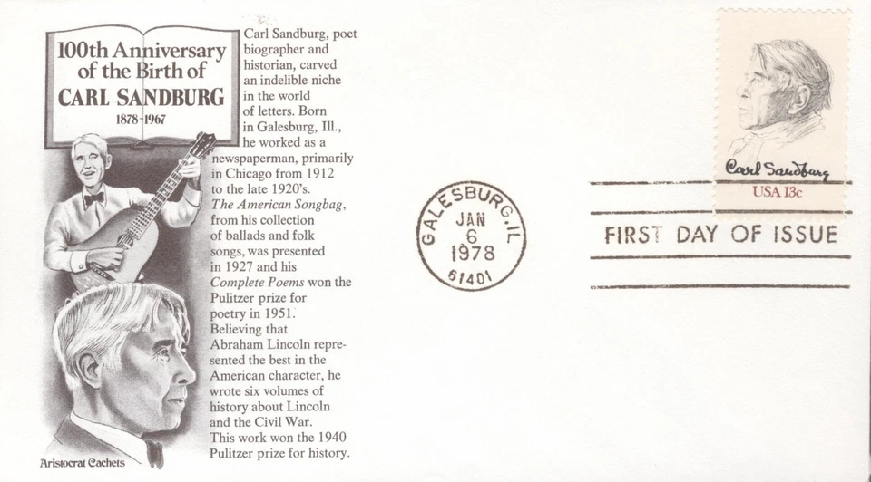 1978 FDC - Scott# 1731 - Carl Sandburg - Aristrocrats Cachet  UA - Image 1 of 1