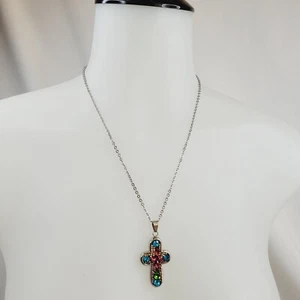 Edelstahl bunte Strasssteine Kreuz Anhänger Modeschmuck Halskette - Bild 1 von 7