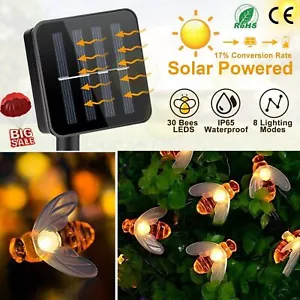 30 LED Solar Powered Bee String Lights Waterproof Outdoor Yard Garden Lamp Decor - Picture 1 of 12