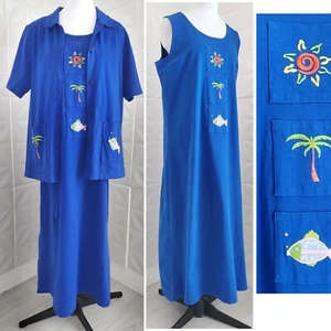Vintage 80s Beachy Blue Dress Tropical Embroidered 2 Piece Jacket Fish Cotton XL - Picture 1 of 16