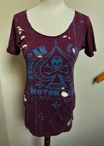 AFFLICTION AMERICAN CUSTOMS-PURPLE/BLUE LOGO/ACMC-S/S RIPPED T-SHIRT-L-EUC - Imagen 1 de 6