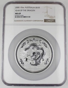 Australia 2000 10 Oz 999 Silver Coin Lunar Year of Dragon $10 NGC MS69 Key Date - Picture 1 of 4