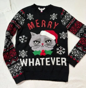 Christmas Sweater Teen 7-9 “Merry Whatever" Kitten Glitter Bell Black/Red/White - Picture 1 of 8
