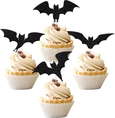 24 Pcs Black Glitter Bat Cupcake Toppers for Halloween and Birthday Parties - Image 1 of 4