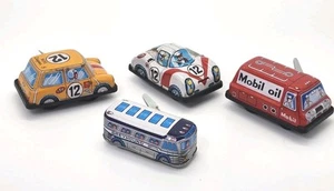 4 Vintage Porshe Mini Cooper Mobil Oil Greyhound Wind Up Tin Toy Cars Japan - Picture 1 of 13