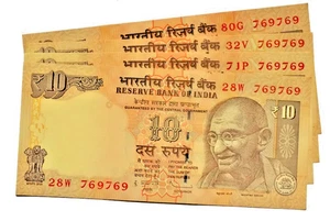 2011- 12  | 10 RUPEE INDIA REPUBLIC SAME NUMBER 769769 - 4 UNC NOTES LOT # A - Picture 1 of 2