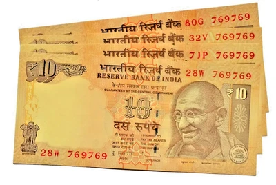 2011- 12  | 10 RUPEE INDIA REPUBLIC SAME NUMBER 769769 - 4 UNC NOTES LOT # A - Image 1 of 2