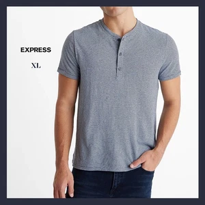 Neu mit Etikett - Express Herren marineblau gestreift Leinenmischung Kurzarm Henley, Gr. XL - $ 44 - Bild 1 von 7