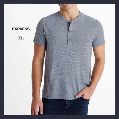 NUEVO CON ETIQUETAS - EXPRESS Para hombres Azul Marino Rayas Lino-Mezcla Manga Corta Henley, Talla XL - $44 Foto 1 de 4