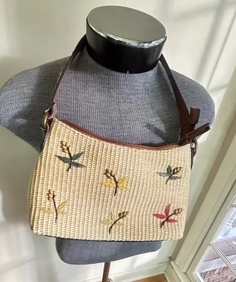 FOSSIL Woven Straw Purse, 75082, Spring Florals, Beaded, Stripe Fabric Liner - Image 1 of 4