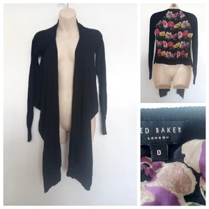 TED BAKER London Fine Knit Open Waterfall Black/Floral Cardigan size 0 - 6 8 UK - Picture 1 of 9