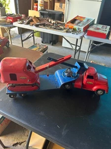 1950s Vintage Tonka Toys Truck Semi Lowboy Trailer Pressed Steel Steam Shovel - Picture 1 of 4