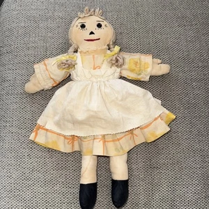 Vintage 15” Cloth Rag Doll Pinafore Over Dress Embroidered Face Tan Braided Hair - Picture 1 of 13