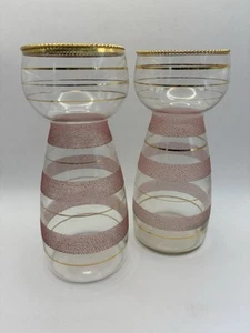 2 Vintage Pink Sugar Glass Hyacinth Vases With Gold Banding 18cm - Picture 1 of 9