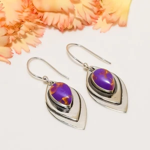 Copper Purple Turquoise Gemstone 925 Sterling Silver Earring, Women Earring - Picture 1 of 4