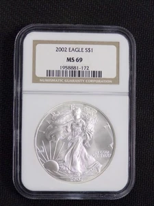 2002 AMERICAN SILVER EAGLE 1oz .999 FINE SILVER NGC GRADED MS69 $1 COIN USA - Picture 1 of 2