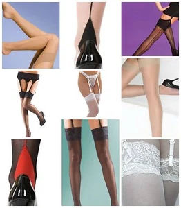 Stockings seamed seamer lace top black white cream nude red M L one size new - Picture 1 of 56