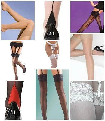 Stockings seamed lace top Plain Smooth Knit Ultra Gloss Fishnet **GREAT PRICES** - Image 1 of 4