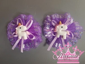 SO CUTE Pair Baby/Toddler Boutique Style SPARKLY SEQUIN UNICORN Hair Bow Piggies - Picture 1 of 6