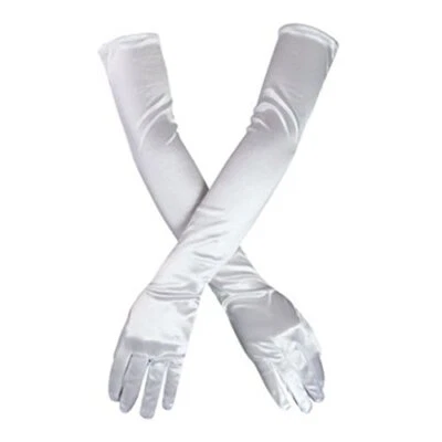  Women's Evening Party Mittens 21" Long Black/Satin Finger Gloves White - Image 1 of 4
