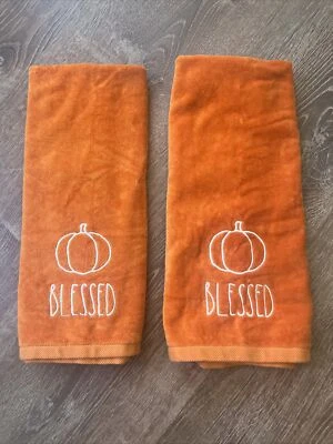 Rae Dunn Orange Blessed Pumpkin Bathroom Hand Towels Set Of 2 - Image 1 of 4