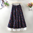Fashion Lady Corduroy Frill Skirt Lace Pleated Floral Casual Girl Sweet Retro