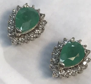 14KWG Pair of Pear Shaped Emerald & Halo Diamond Stud Earrings 4.4dwt - Picture 1 of 8
