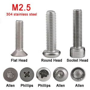 M2.5 Flat Head / Round Head / Socket Head Screws Phillips / Allen Key Stainless - Picture 1 of 12