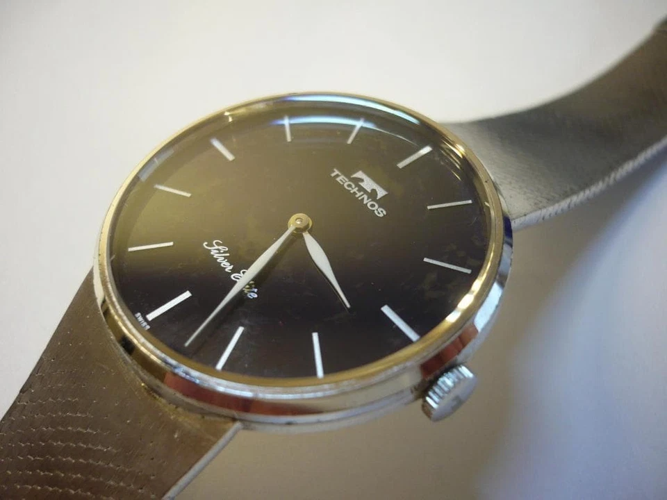 Reloj TECHNOS Esfera Piedra Natural Cuerda Manual Caja Plata 925 33mm Funcionando Años 70 Foto 1 de 4