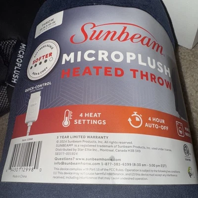 NEW Sunbeam Microplush Grey  Heated Electric Throw Blanket 50in x 60in - Image 1 of 4