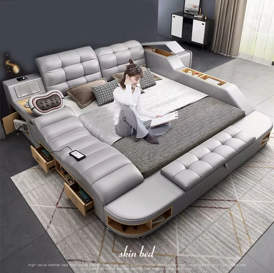 Multifunction Storage bed with bluetooth speaker, massage lounge Italian leather - Image 1 of 4