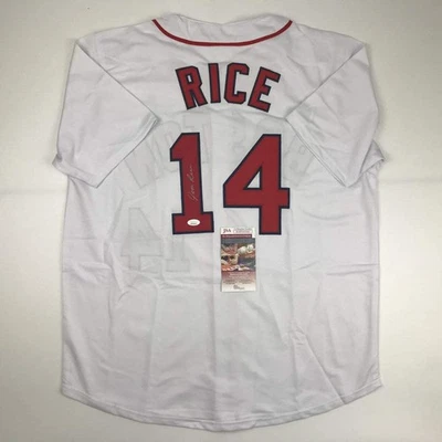 Camiseta de béisbol blanca autografiada/firmada de Jim Rice Boston certificado de autenticidad JSA automática Foto 1 de 4