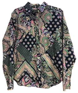 Ralp Lauren XL Long Sleeve Button Up 100% Cotton Shirt Collar Navy Paisley Women - Picture 1 of 9