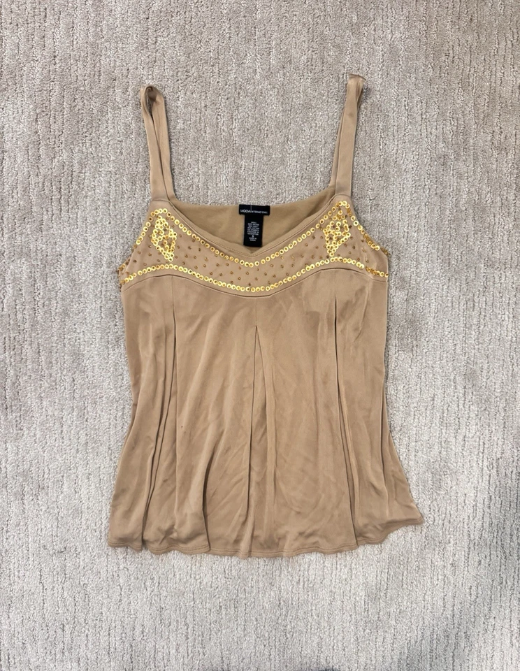 Moda International Vintage Beaded Sequin Tank Top Cami Tan Pleated Small Y2K 90s - Image 1 of 4