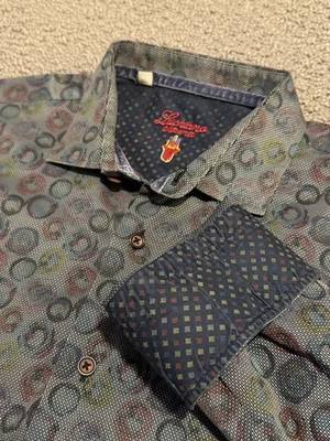 Luchiano Visconti 衬衫男式 L 码蓝色佩斯利六角长袖纽扣 — 第 1/4 张图片