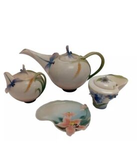 Vintage FRANZ Porcelain Dragonfly by Jen Woo Teapot Sugar Jar Brian Jar & Plate