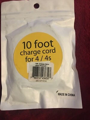 10ft Extension Flat Noodle Cable Charger Cord Wire iPhone 4/4s. NEW - Image 1 of 4