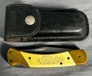Vintage SCHRADE+ USA SC705 Scrimshaw Lockback POCKETKNIFE Bear Scene with Sheath - Picture 1 of 24