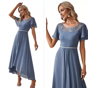 $90 Ever Pretty Hi Lo Chiffon Midi Dress sz L Illusion Lace Top Rhinestone Blue - Picture 1 of 11